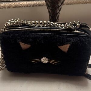 Kate Spade Black Furry Cat with shoulder chain purse! Rare and adorable 🥰